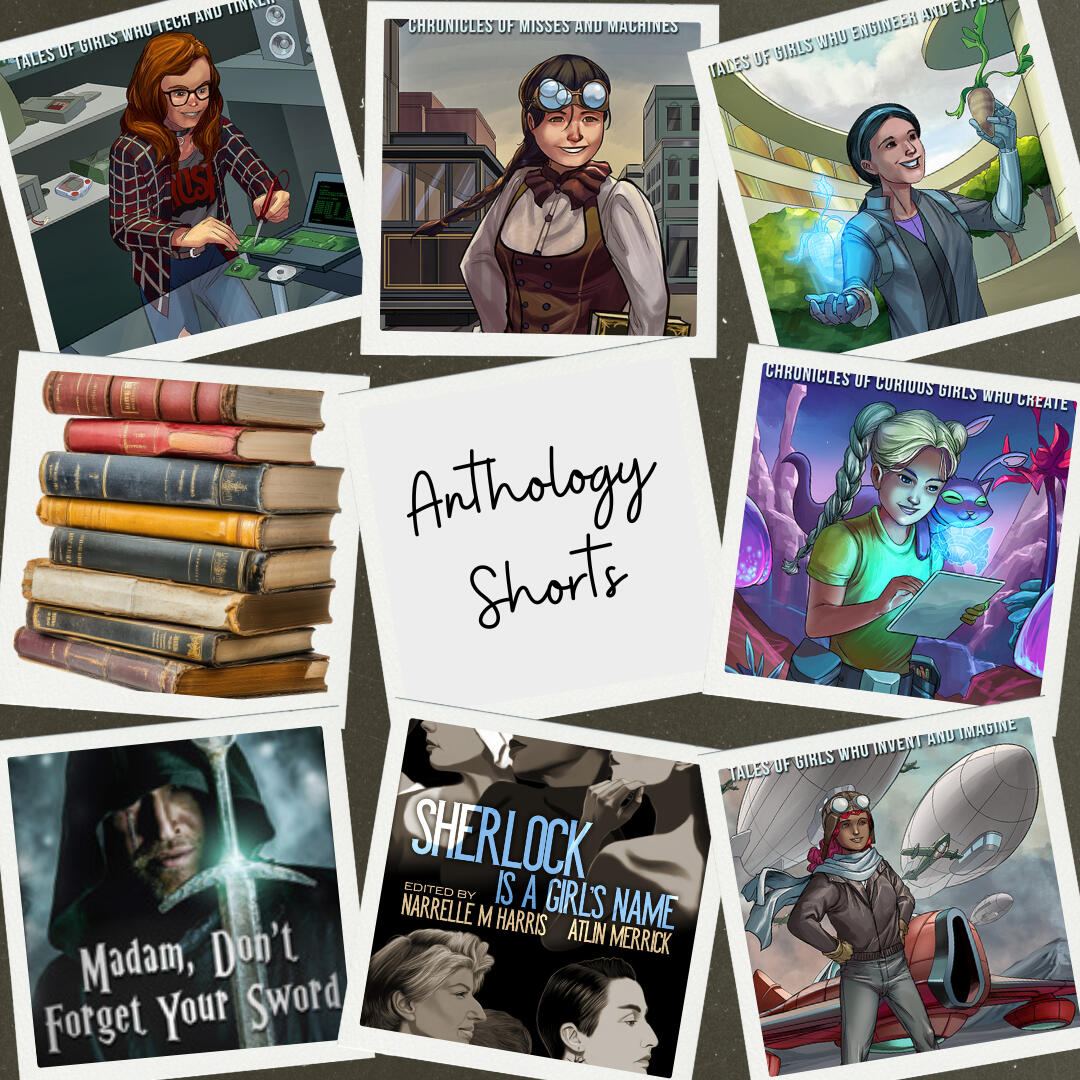 Clockwise from the top left corner are the book covers for the anthologies that have had JD Cadmon short stories.